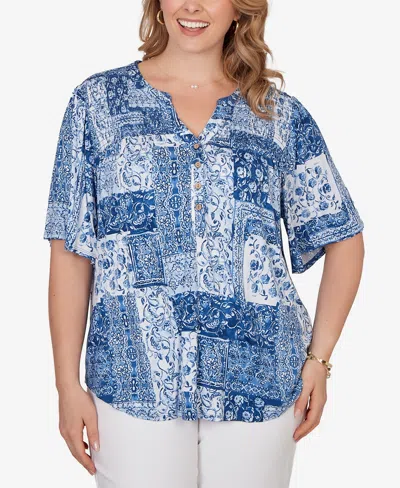 Ruby Rd. Plus Size Patchwork Bandana Henley T-shirt In Blue