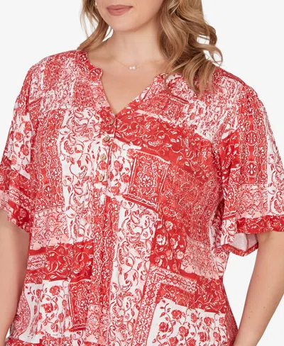 Ruby Rd. Plus Size Patchwork Bandana Henley T-shirt In Red