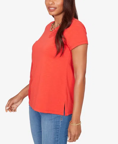 Ruby Rd. Petite Paisley Lace Solid Knit T-shirt In Red