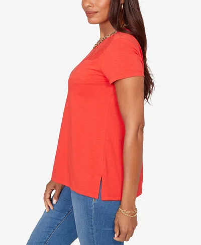 Ruby Rd. Petite Paisley Lace Solid Knit T-shirt In Red