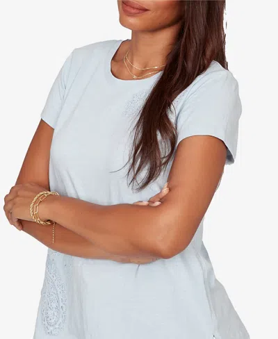 Ruby Rd. Petite Paisley Lace Solid Knit T-shirt In Blue