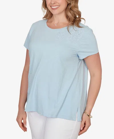 Ruby Rd. Plus Size Paisley Lace Solid Knit T-shirt In Blue
