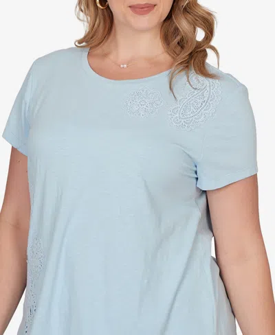 Ruby Rd. Plus Size Paisley Lace Solid Knit T-shirt In Blue