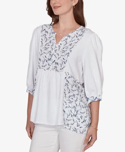 Ruby Rd. Petite Mixed Fabric Sharkbite Knit Top In White