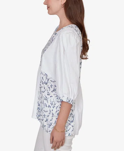 Ruby Rd. Petite Mixed Fabric Sharkbite Knit Top In White