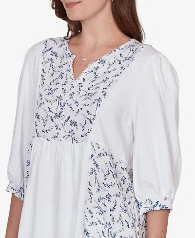 Ruby Rd. Petite Mixed Fabric Sharkbite Knit Top In White