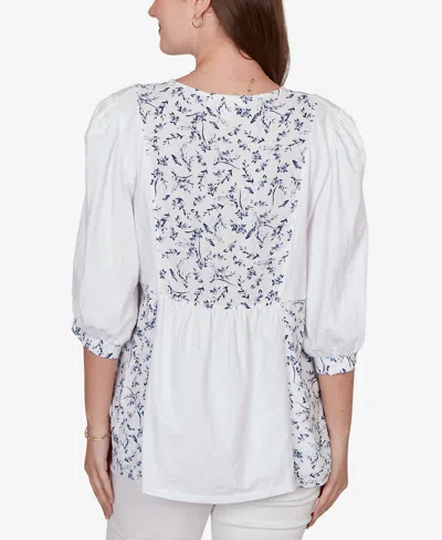 Ruby Rd. Petite Mixed Fabric Sharkbite Knit Top In White