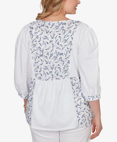 Ruby Rd. Plus Size Mixed Fabric Sharkbite Knit Top In White