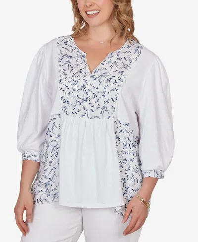 Ruby Rd. Plus Size Mixed Fabric Sharkbite Knit Top In White