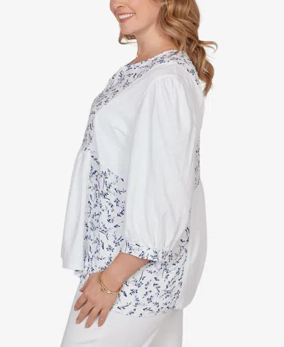 Ruby Rd. Plus Size Mixed Fabric Sharkbite Knit Top In White