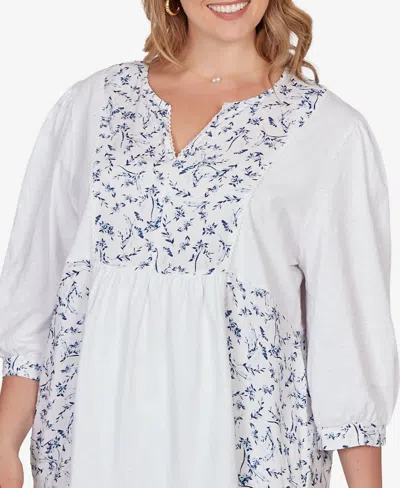 Ruby Rd. Plus Size Mixed Fabric Sharkbite Knit Top In White