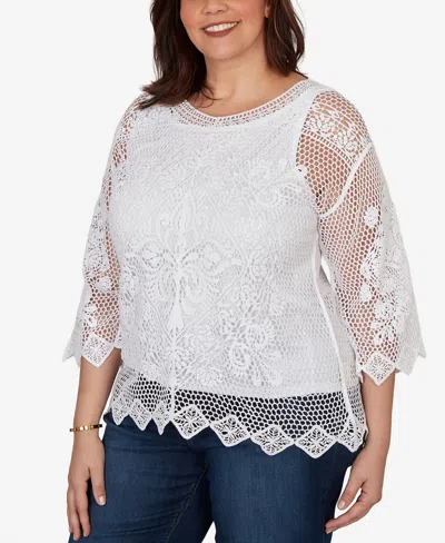 Ruby Rd. Plus Size Scalloped Medallion Crochet Lined Lace Top In White