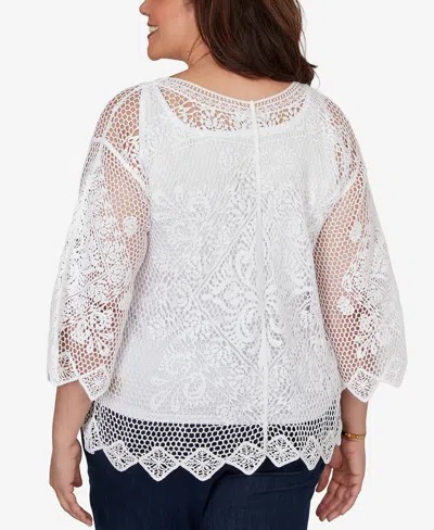 Ruby Rd. Plus Size Scalloped Medallion Crochet Lined Lace Top In White