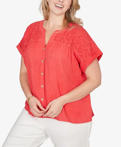 Ruby Rd. Plus Size Paisley Embroidered Gauze Button T-shirt In Red
