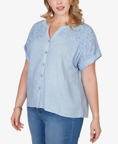 Ruby Rd. Plus Size Paisley Embroidered Gauze Button T-shirt In Blue