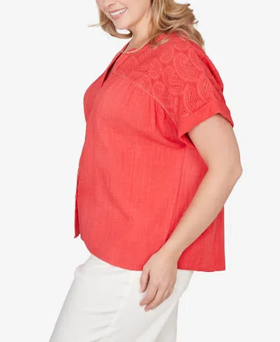 Ruby Rd. Plus Size Paisley Embroidered Gauze Button T-shirt In Red