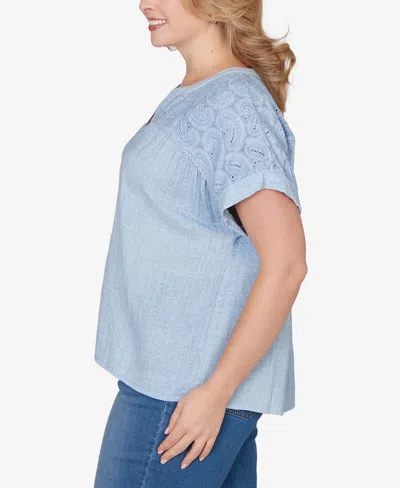Ruby Rd. Plus Size Paisley Embroidered Gauze Button T-shirt In Blue