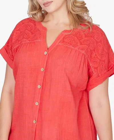 Ruby Rd. Plus Size Paisley Embroidered Gauze Button T-shirt In Red