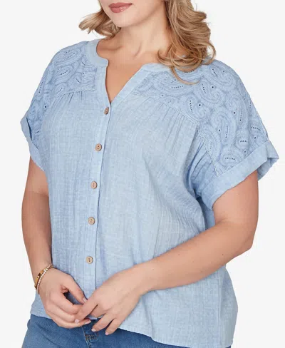 Ruby Rd. Plus Size Paisley Embroidered Gauze Button T-shirt In Blue