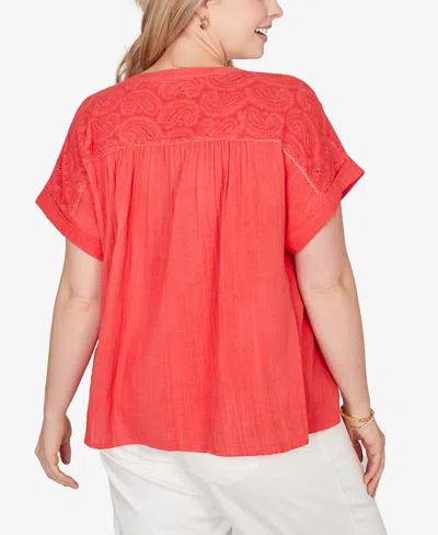 Ruby Rd. Plus Size Paisley Embroidered Gauze Button T-shirt In Red