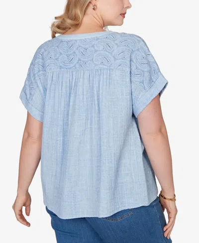 Ruby Rd. Plus Size Paisley Embroidered Gauze Button T-shirt In Blue