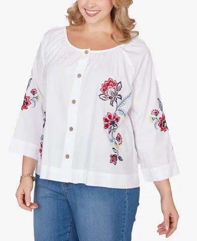 Ruby Rd. Plus Size Floral Embroidered Poplin Button Front Top In White
