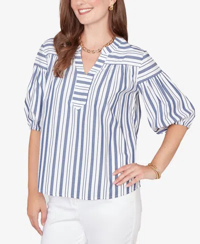 Ruby Rd. Petite Striped Cotton Poplin Elastic-cuff Top In Multi