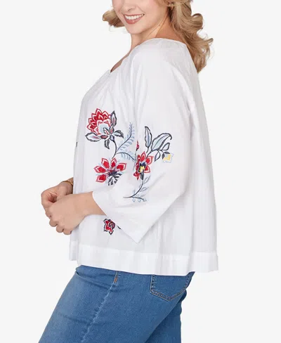 Ruby Rd. Plus Size Floral Embroidered Poplin Button Front Top In White