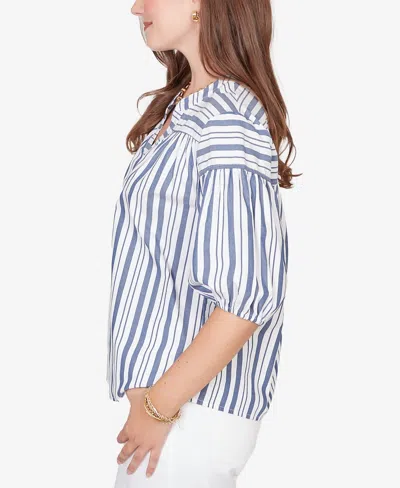 Ruby Rd. Petite Striped Cotton Poplin Elastic-cuff Top In Multi