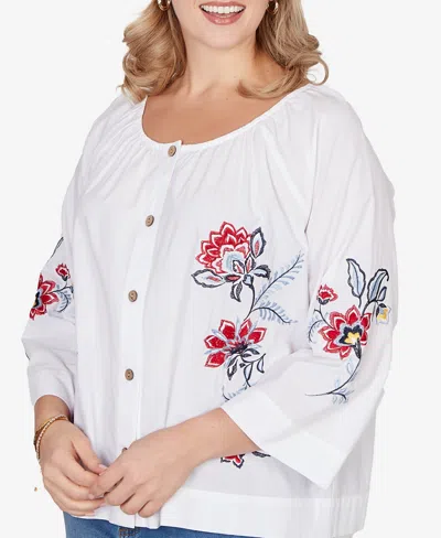 Ruby Rd. Plus Size Floral Embroidered Poplin Button Front Top In White