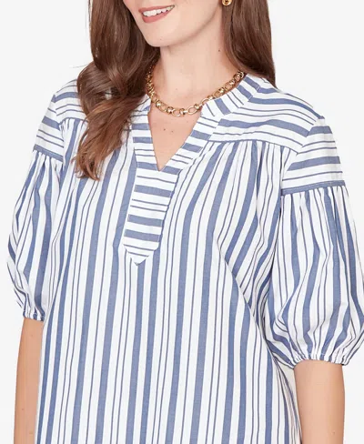 Ruby Rd. Petite Striped Cotton Poplin Elastic-cuff Top In Multi