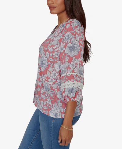 Ruby Rd. Petite Floral Silky Gauze Peasant Button-front Top In Multi