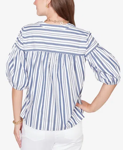 Ruby Rd. Petite Striped Cotton Poplin Elastic-cuff Top In Multi