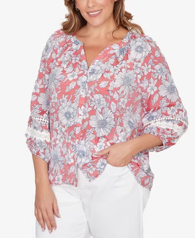 Ruby Rd. Plus Size Floral Silky Gauze Peasant Button Front Top In Multi