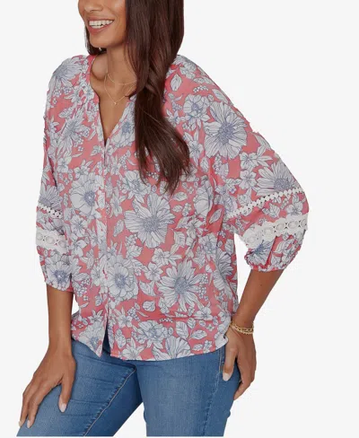 Ruby Rd. Petite Floral Silky Gauze Peasant Button-front Top In Multi