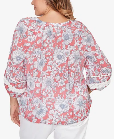 Ruby Rd. Plus Size Floral Silky Gauze Peasant Button Front Top In Multi