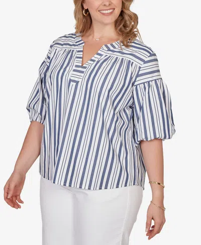 Ruby Rd. Plus Size Striped Cotton Poplin Elastic Cuff Top In Blue