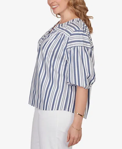 Ruby Rd. Plus Size Striped Cotton Poplin Elastic Cuff Top In Blue