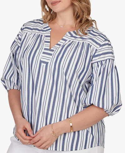 Ruby Rd. Plus Size Striped Cotton Poplin Elastic Cuff Top In Blue