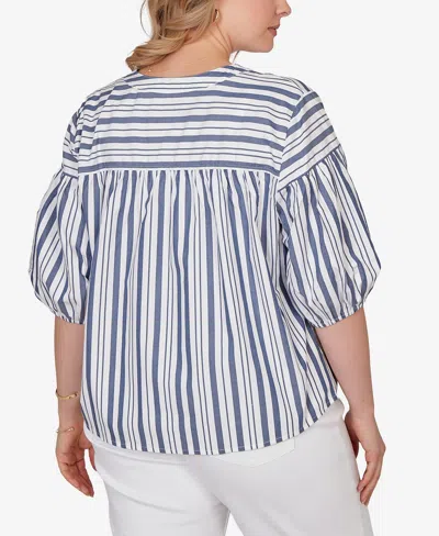 Ruby Rd. Plus Size Striped Cotton Poplin Elastic Cuff Top In Blue