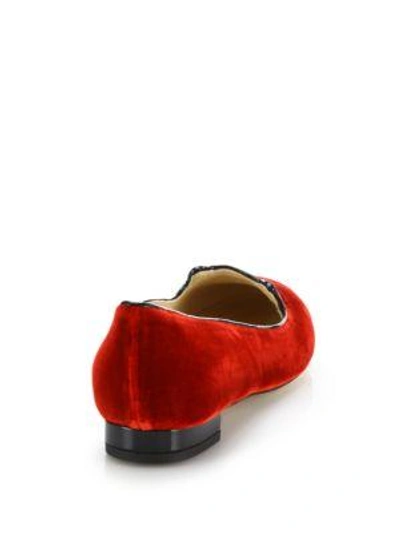 Shop Charlotte Olympia Kitty Embroidered Velvet Flats In Red