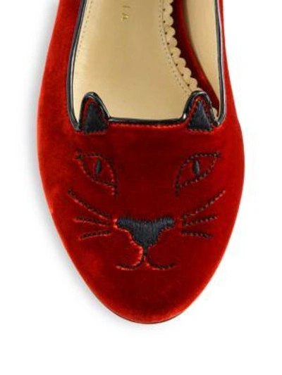 Shop Charlotte Olympia Kitty Embroidered Velvet Flats In Red