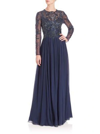 Shop Basix Black Label Long-sleeve Beaded Gown In Navy