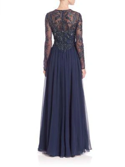 Shop Basix Black Label Long-sleeve Beaded Gown In Navy