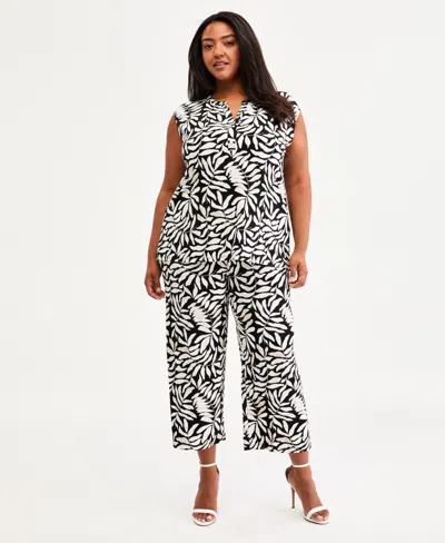 Anne Klein Essentials Plus Size Y-neck Printed Pull-on Top In Multi