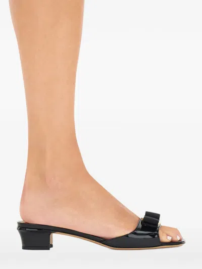 Ferragamo Vanilla Patent Leather Bow Mules In Brown