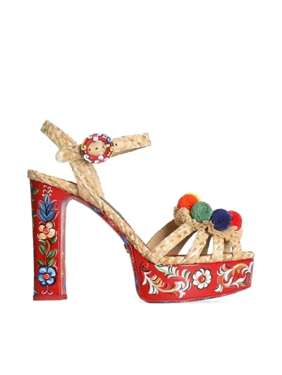 Dolce & Gabbana Keira Platform Heel Sandals Pompons Flowers In Red
