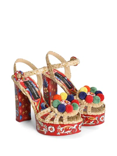 Dolce & Gabbana Keira Platform Heel Sandals Pompons Flowers In Red