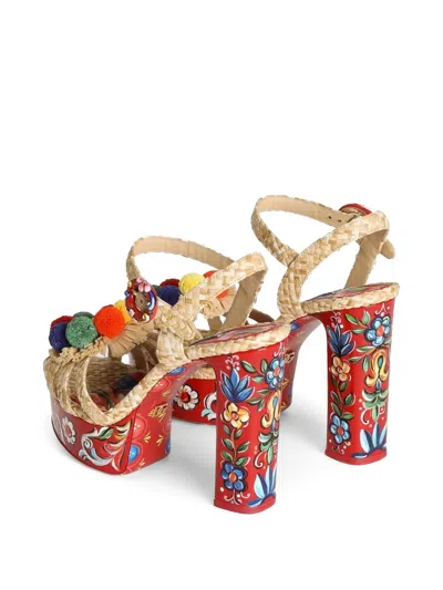 Dolce & Gabbana Keira Platform Heel Sandals Pompons Flowers In Red