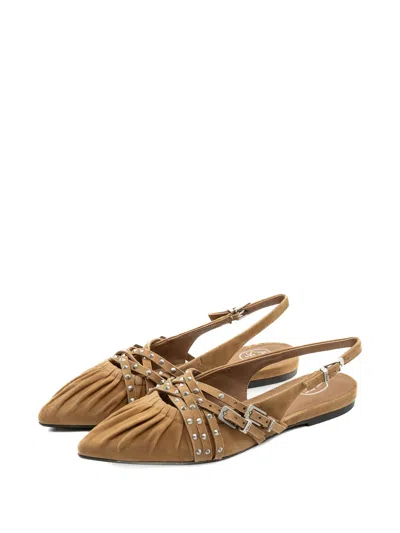Ash Brown Flat Sandals With Pleated Leather Upper And Metallic Accents In Brown